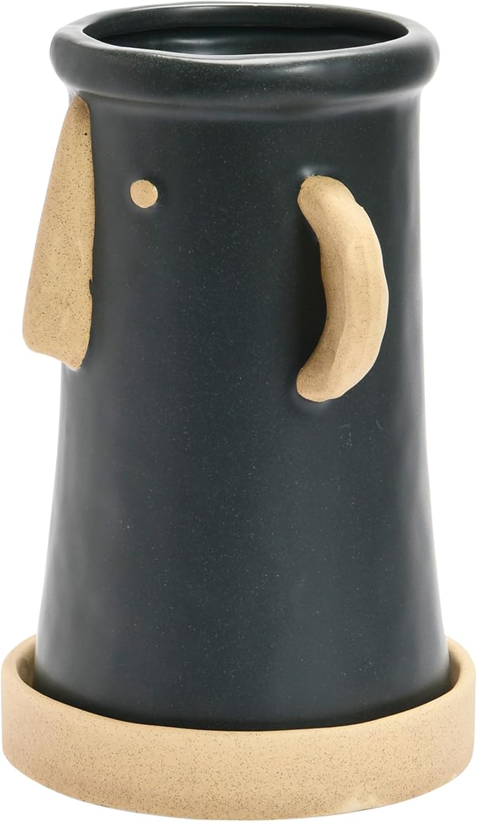 Creative Co-Op Stoneware Face Planter with Saucer, Set of 2, Matte Black and Cream, 9"