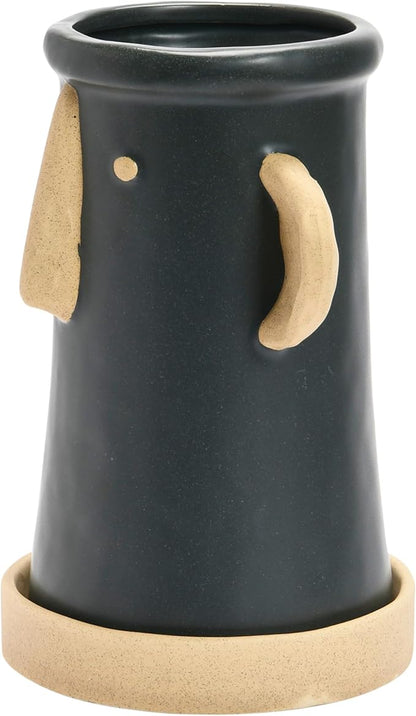 Creative Co-Op Stoneware Face Planter with Saucer, Set of 2, Matte Black and Cream, 9"