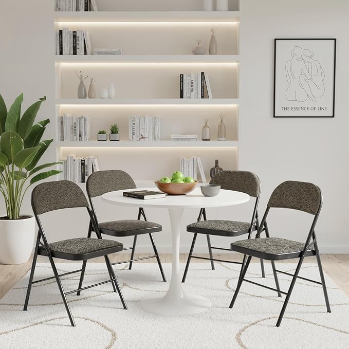 DUMOS 6 Pack Folding Chairs with Padded Cushion and Back - Fabric Stackable Portable Dining Chairs Set, for Home and Office, Conference, Wedding, Party, Patio, Garden, for Indoor Outdoor, Black Grey
