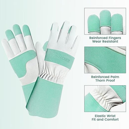 Gardening Gloves, Long Thorn Proof Garden Gloves for Women and Men, Goatskin Breathable Leather Work Gloves for Gardening, Pruning, Yard Work, Turquoise, S
