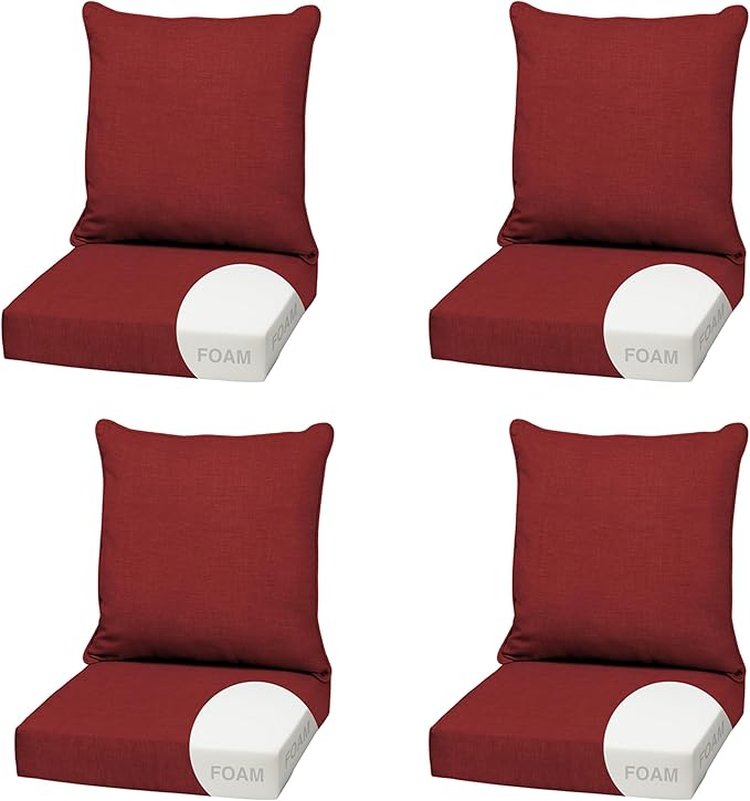 Arden Outdoor Foam Deep Seat Cushion (4-Pack), 22x24, Premium High-Density Foam, Never Flattens, Weather-Proof for Patio Chair Sofa Couch, Ruby Red Leala