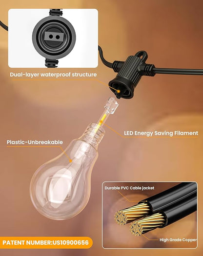 Outdoor String Lights, 50FT LED Patio Lights with 25+2 A45 Vintage Edison Shatterproof Bulbs, Waterproof Connectable Dimmable Outside Hanging Lights for Backyard Bistro Porch Garden