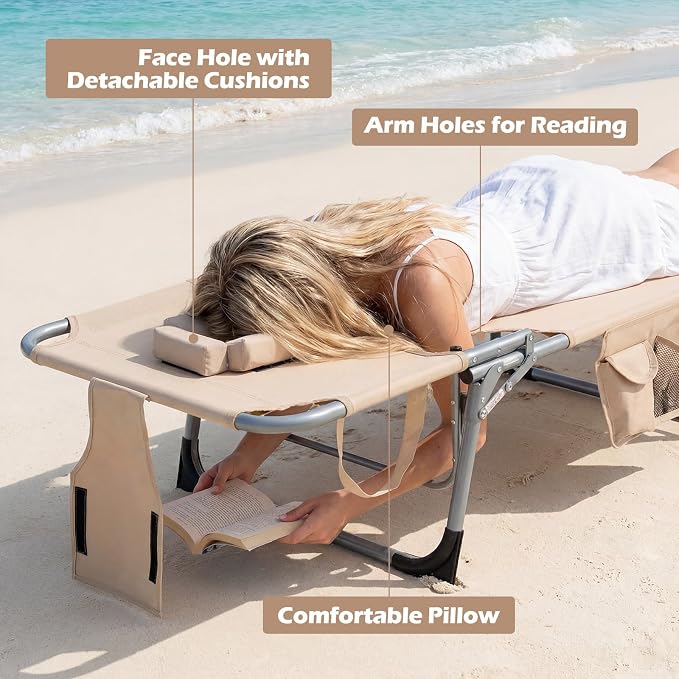 COSTWAY Tanning Chair with Face Hole, Folding Beach Lounge Chair | 4-Position Adjustable Backrest, Pillow & Side Pocket, Foldable Chaise Lounge Chair Outdoor for Sunbathing, Camping (1, Beige)