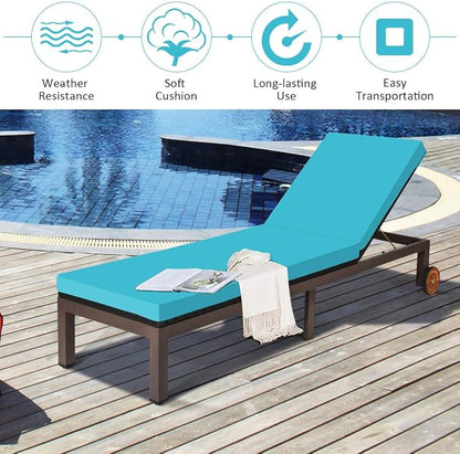 Tangkula Patio Chaise Lounge Chair, Outdoor Rattan Lounger Recliner Chair with Wheels, Wicker Chaise Chair W/Cushioned Seating, Recliner 5-Position Adjustable for Garden Patio Poolside (2, Turquoise)
