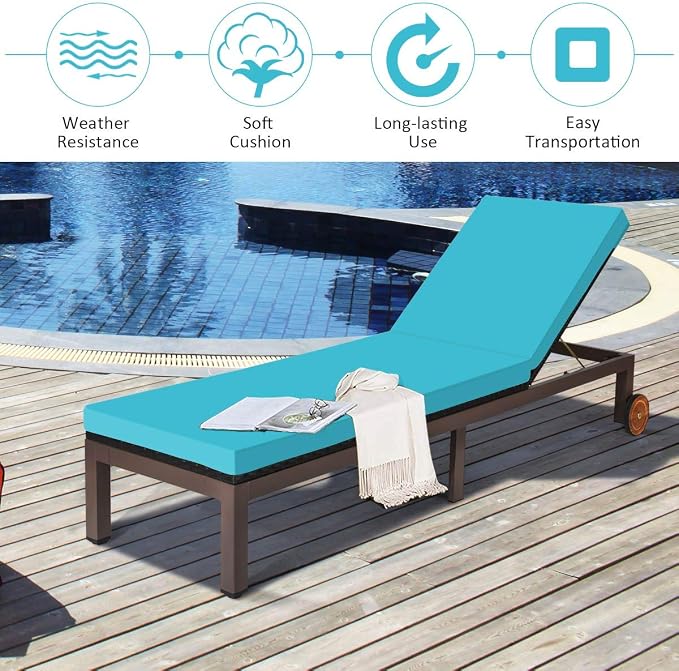 Tangkula Patio Chaise Lounge Chair, Outdoor Rattan Lounger Recliner Chair with Wheels, Wicker Chaise Chair W/Cushioned Seating, Recliner 5-Position Adjustable for Garden Patio Poolside (1, Turquoise)