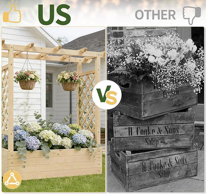Outvita Raised Garden Bed with Trellis, Wood Planter Box with Hanging Roof, Side Trellis and Drainage Holes, Above Ground Elevated Garden Bed for Outdoor Climbing Plants Vegetables (Natural Wood)
