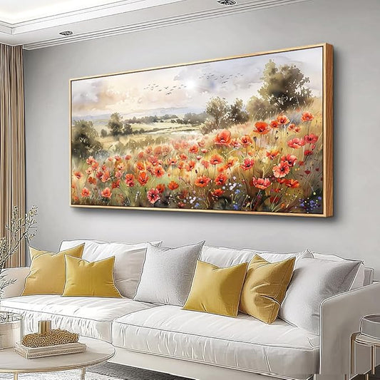 QIYILEXWART Canvas Wall Art For Living Room Wall Decor For Bedroom Office Wall Decoration Red Blooms Field Landscape Painting Farmhouse Pictures Artwork Room Aesthetic Home Decor 20x40 In