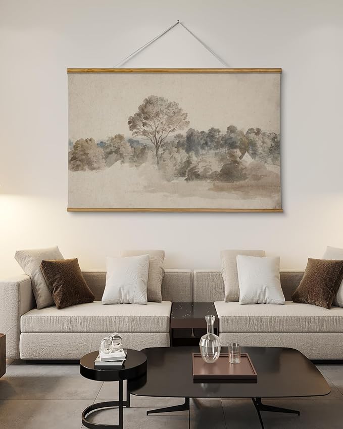 VIYYIEA Extra Large Size Canvas Wall Art, 36x54 Vintage Scroll Hanging Landscape Print, Rustic Watercolor Countryside Scene Wall Décor for Living Room, Bedroom, or Farmhouse