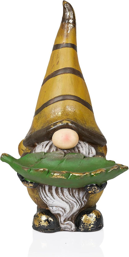 Alpine Corporation MCC854 Vintage Gnome Holding Leaf Bird Feeder with Hat, Playful Decor for Garden & Patio, 19" H, Yellow