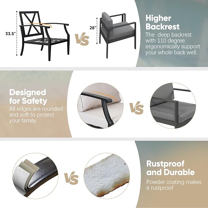 4 Pieces Patio Furniture Set w/loveseat,Coffe Table,Outdoor Conversation Metal Sofa with High Back and Thick Cushion,for Backyard,Garden,Beige