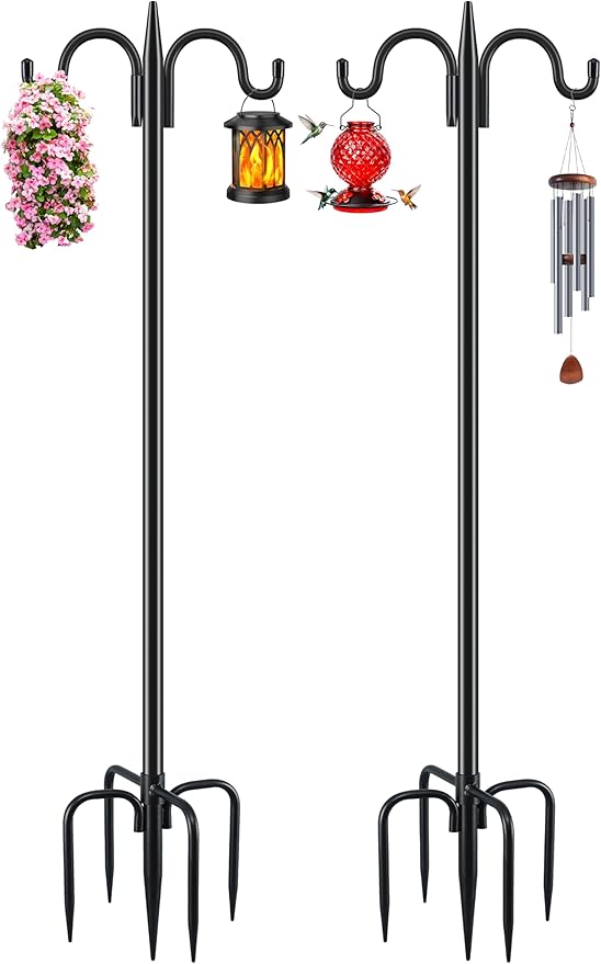 Gtongoko Bird Feeder Pole for Outdoors Heavy Duty, 2 Pack 77 Inch Double Shepherds Hook with 5-Prong Stable Base, 3/4 Inch Thick Hummingbird Feeder Stand for Hanging Plants, Lanterns