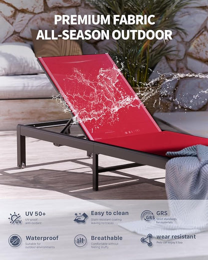 Aluminum Lounge Chairs Outdoor Chaise Furniture,2 Sets Patio Metal Deck Lounger Adjustable 5-Position Poolside Chase Recliner with Wheels for Beach,Coffee Table, (Red, 1 Chair)