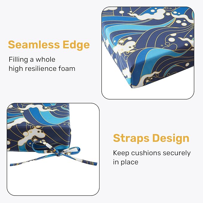 UNIKOME Outdoor Chair Cushions Pack of 4, Water Resistant Patio Cushions with Ties, High Density Sponge Filling Square Corner Seat Cushions for Outdoor Furniture, 18.5"*16"*3", Blue/Waves