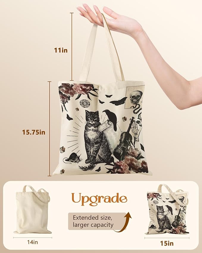 Miss Adola Canvas Tote Bag for Women – Aesthetic Canvas Bag with Zipper Cute Stylish Reusable Shoulder Totes for Shopping Work Daily Vacation, Crow Cat