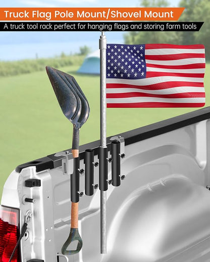 4-Hole No-Drilling Shovel Holder for Truck, Side Flag Mount for Truck, Shovel Rack for Truck Accommodates diameters up to 1.8" Flag Pole, Trimmers, Rakes, Shovels, Other Lawn Tools