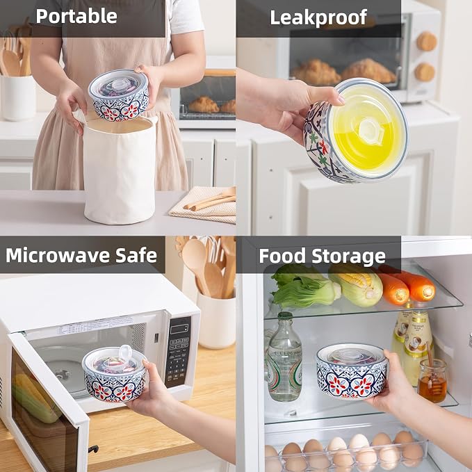 Ceramic Bowl with Lid, Microwave Safe, Set of 4 | Food Storage Containers for Soup, Meal Prep, Cereal, Salad Leftovers - Picnic, Camping, Office Lunch - 20 oz, Blue-Pattern
