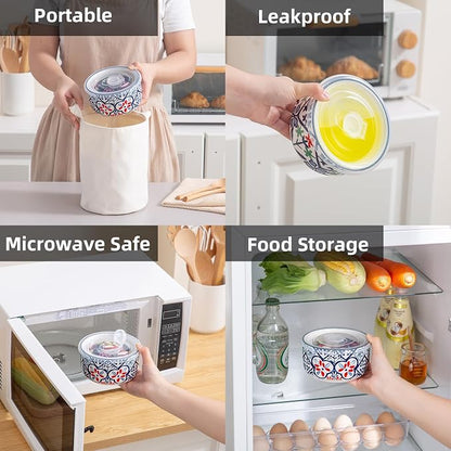Ceramic Bowl with Lid, Microwave Safe, Set of 4 | Food Storage Containers for Soup, Meal Prep, Cereal, Salad Leftovers - Picnic, Camping, Office Lunch - 20 oz, Blue-Pattern