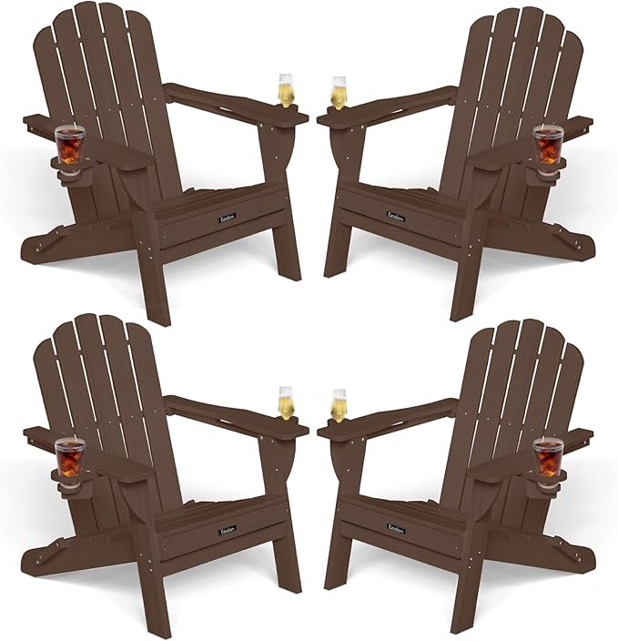 Adirondack Chairs Set of 4, Foldable Adirondack Chairs with 2 Cup Holder, Wood Texture HDPE Fire Pit Chairs, Outdoor Lawn Chair for Patio Garden, Brown