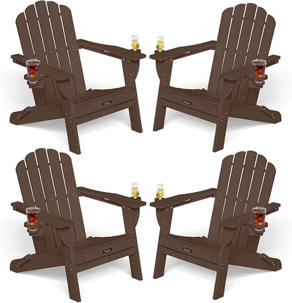 Adirondack Chairs Set of 4, Foldable Adirondack Chairs with 2 Cup Holder, Wood Texture HDPE Fire Pit Chairs, Outdoor Lawn Chair for Patio Garden, Brown