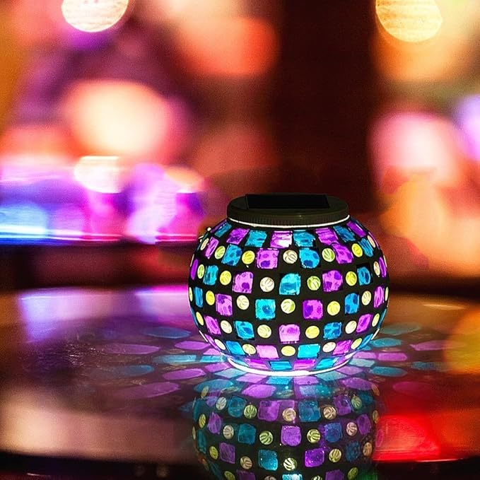 Solar Color Changing Table Lamp, Mosaic Glass Ball Light Garden Waterproof Night Light Desk Lights,Party Lights for Home, BAR,Party,Outdoor Decoration Lights (Red & Blue Square)