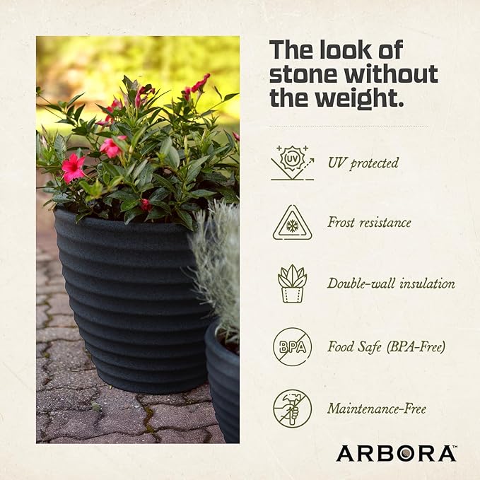 ARBORA 16" Ibiza Polyresin Indoor and Outdoor Planter with Classic Black Finish - Durable, Weatherproof, Lightweight, Large Plant Pot for Patio, Garden, Deck, Entryway - 2 Pack