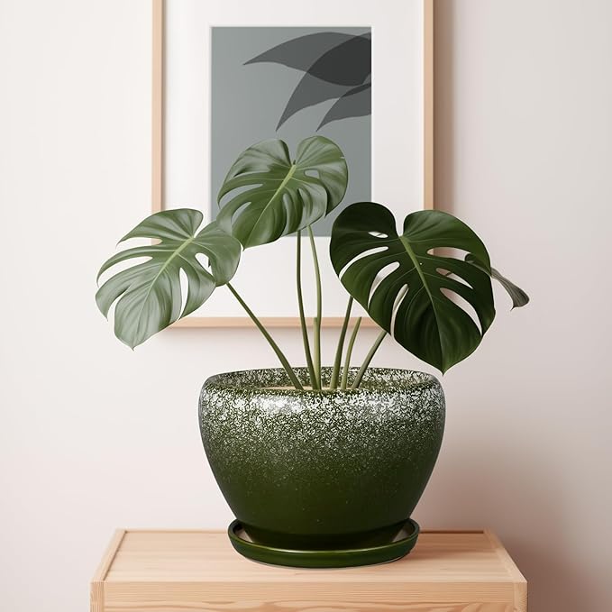 10 Inch Planter Pot - Ceramic Pots for Plants with Drainage Hole and Saucer, Round Large Flower Pot for Indoor Plants, Dark Green