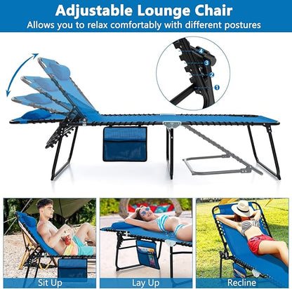 Giantex Patio Lounge Chairs for Outside - Set of 2 Folding Tanning Chair w/Headrest, 4 Adjustable Positions, Side Pocket, Outdoor Chaise Lounge for Camping, Pool, Sunbathing Beach Chair, Navy