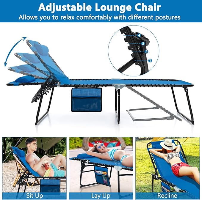Giantex Patio Lounge Chairs for Outside - Folding Tanning Chair w/Headrest, 4 Adjustable Positions, Side Pocket, Outdoor Chaise Lounge for Camping, Pool, Sunbathing Beach Chair, Navy