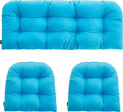 Outdoor/Indoor All Weather Tufted Wicker Chair Cushions of 3 Pieces, 1 Loveseat and 2 U-Shape Waterproof Cushions for Patio Furniture,Wicker Loveseat,Bench-Aqua Blue