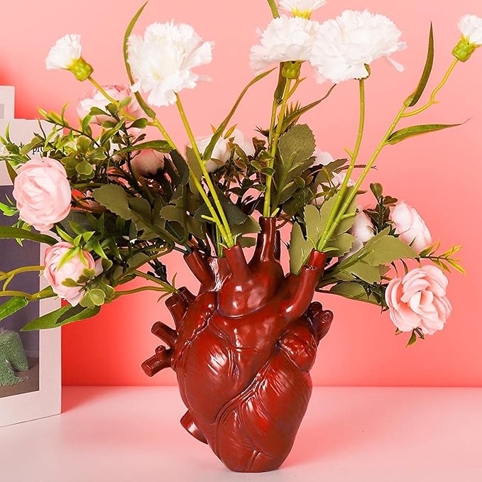 Resin Vase Planter, Decorative Heart Vase - Anatomical Heart Tabletop Decorative Craft, Farmhouse Living Room Bedroom Countertop (Red,Small)