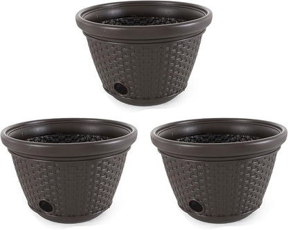 Suncast 3 Pack Decorative Wicker Garden Hose Holder Pot with 4 Drain Holes for 100 Foot Hoses, Java