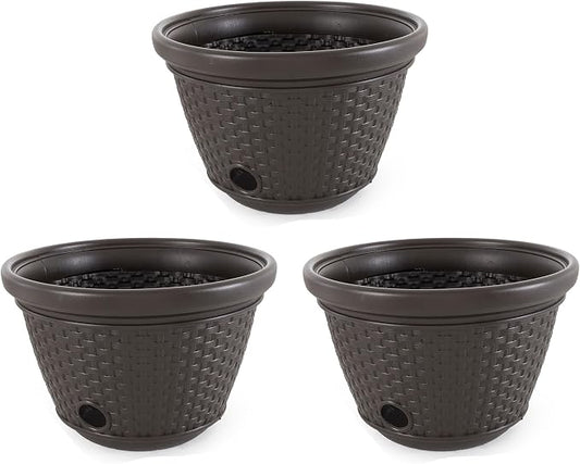 Suncast 3 Pack Decorative Wicker Garden Hose Holder Pot with 4 Drain Holes for 100 Foot Hoses, Java