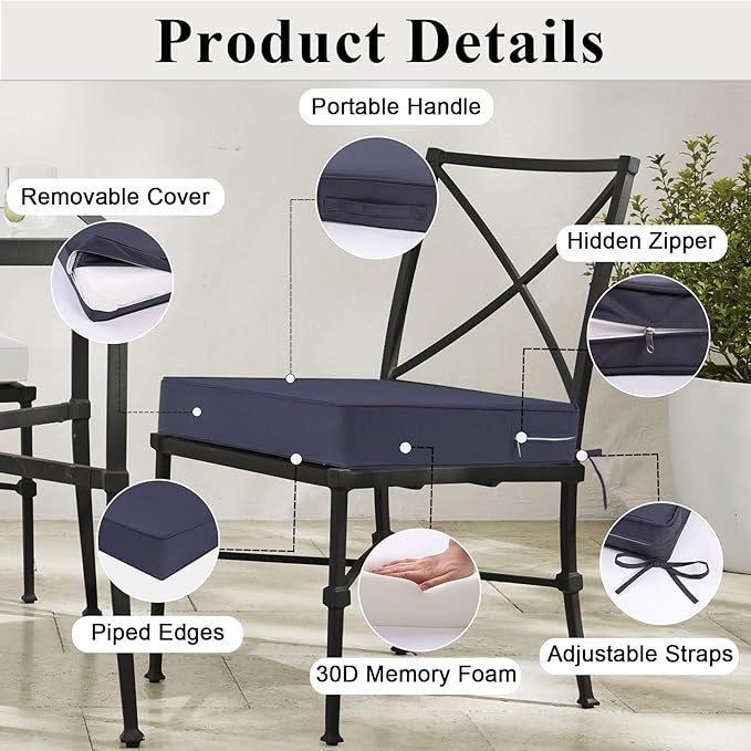 Outdoor Chair Cushions 22x22x4 Inch, Waterproof Grey Patio Furniture Cushions Set of 2 with Ties & Handle, 3 Year Color Fastness Square Replacement Seat Cushions for Sofa, Couch