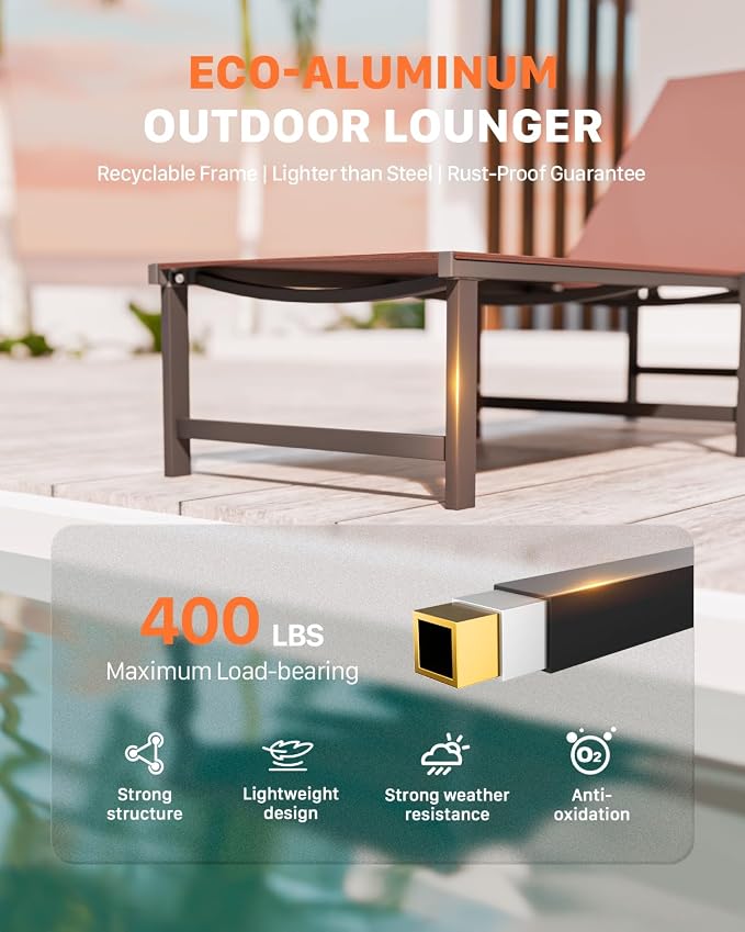 Patio Lounge Chair, Aluminum, 5 Adjustable Backrest, 1 PieceBrown | Lightweight rustproof aluminum.5 adjustable backrest positions.Breathable quick-dry fabric.For poolside,beach,lawn,backyard.