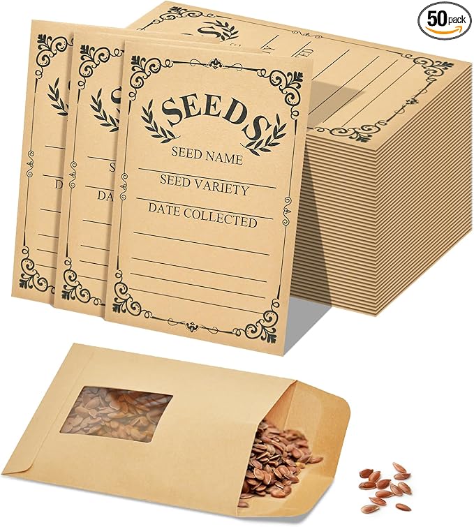 50-Pack Seed Packets Envelopes with Clear Window, 4.72 x 3.15 Inch Small Kraft Paper Seed Bags, Bulk Seed Storage Organizer with Preprinted Collecting Template for Garden Flower Vegetable Seeds Saving