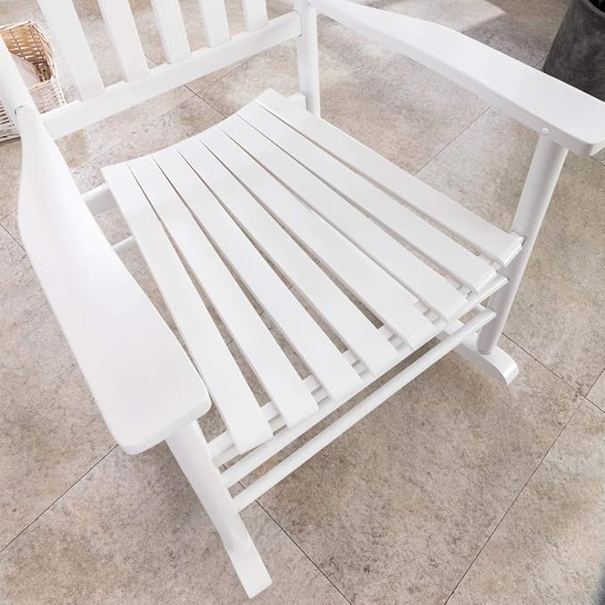 Outdoor Patio Rocking Chair Furniture Comfy Rocker for Adults Porch Balcony Garden Indoor Outside Wooden, White