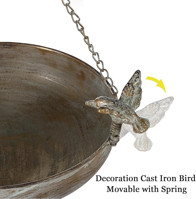 Hanging Bird Bath Feeder for Outdoor, 23" H Metal Birdbath with Cast Iron Bird Decor, Vintage Tray for Garden Yard Patio, Green
