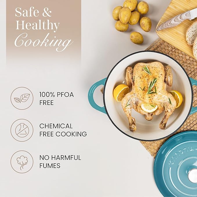 Cast Iron Dutch Oven with Lid - Non-Stick Ovenproof Enamelled Casserole Pot - Sturdy Dutch Oven Cookware - Teal, 5- Quart, 24cm- by Nuovva