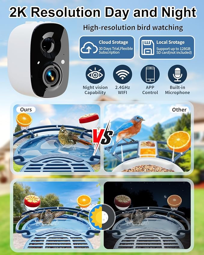 Bird Feeder with Camera, Smart Birdfeeder with Cam Solar Powered, 2K HD Video, AI Identification, Instant Arrival Alerts, IP66 Bird Bath & Feeder,Gift for BirdLover (with BirdBath, Blue)
