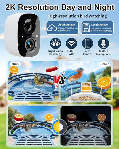 Bird Feeder with Camera, Smart Birdfeeder with Cam Solar Powered, 2K HD Video, AI Identification, Instant Arrival Alerts, IP66 Bird Bath & Feeder,Gift for BirdLover (with BirdBath, Blue)