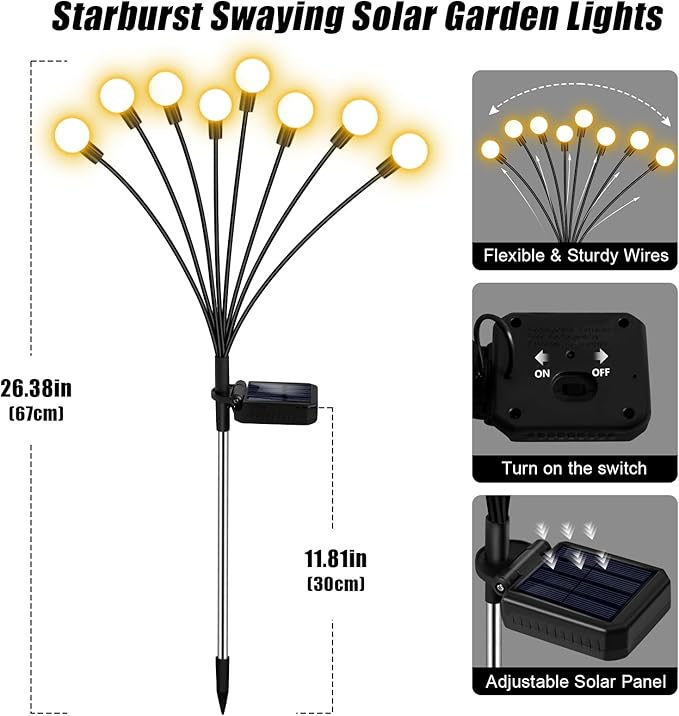 ZFNN Solar Firefly Lights 16 LED Swaying Outdoor Waterproof Decorative Lights for Yard Patio Pathway Lawn Decorations 2 Pack