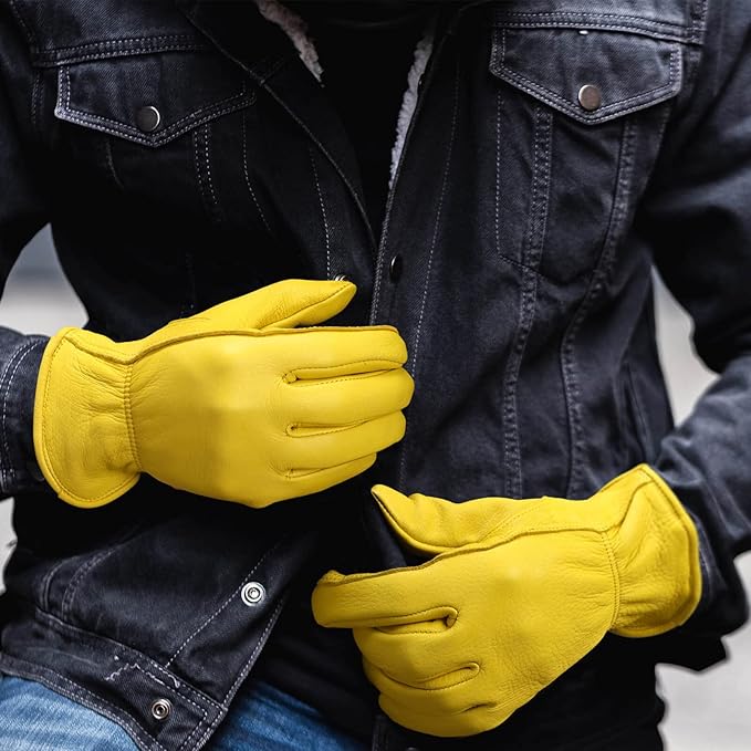 OZERO Leather Work Gloves: Mens Deerskin Gloves Soft Breathable Abrasion Resistant Gardening Firewood Glove - for Driving Riding Yardwork Ranch Farm Hunting Garage DIY for Men & Women (Gold,M)