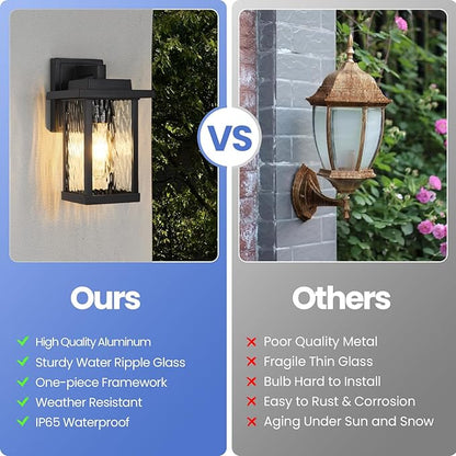 Outdoor Wall Light Fixtures, Modern Exterior Wall Mount Lanterns, Outside Wall Sconces in Black Finish with Water Ripple Glass for Porch Patio Farmhouse, 2-Pack