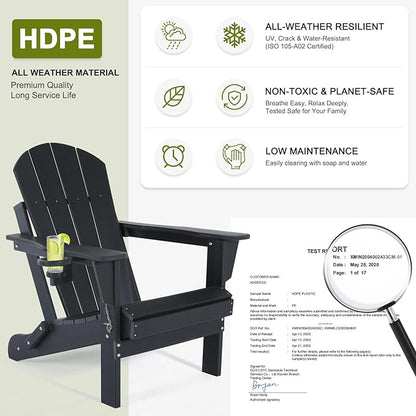 Folding Adirondack Chairs Set of 4- Plastic Adirondack Chairs with Cup Holder, Weather Resistant for Outdoor, Patio, Lawn, Garden, Backyard Deck, Fire Pit - Black