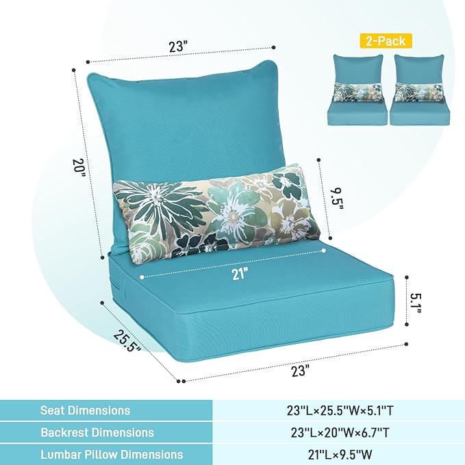 Aoodor Outdoor Chair Cushion, 23 x 26 Inch Water-Resistant, Fade-Resistant Olefin Fabric Patio Seat Cushions with Removable Cover and Adjustable Straps for Outdoor Furniture, Set of 2, Teal