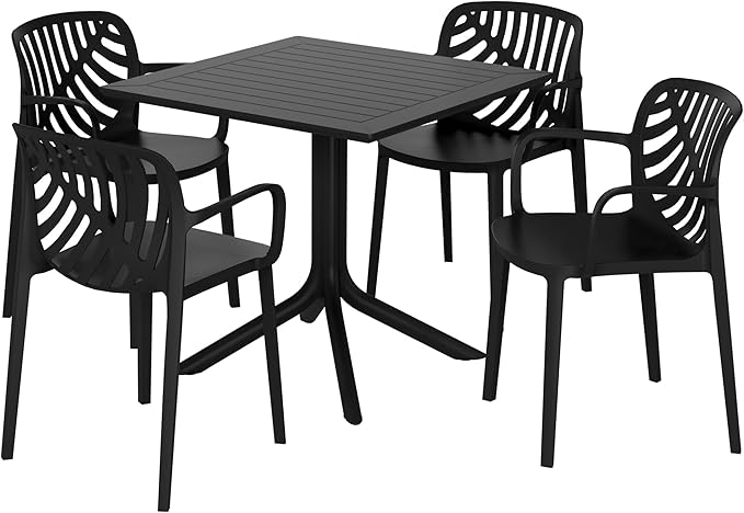 Costaelm 5 Piece Patio Furniture Set, HDPE Patio Square Bistro Table and Stackable Chairs Sets for 4, Outdoor Furniture All Weather for Backyard Poolside, Black
