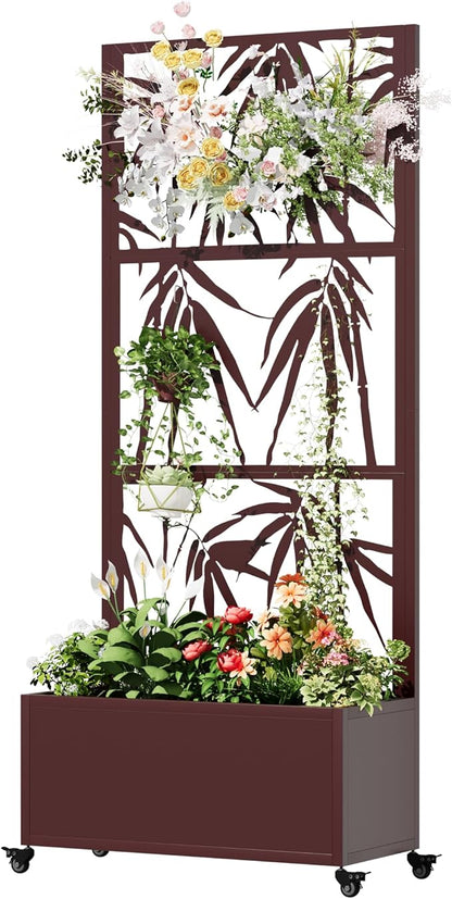 Metal Mobile Planter Box with Trellis, 75"x 32"x 15" Moblie Planter Box Trellis with Privacy Screen, Drainage Holes and 4 Lockable Wheels, Brown, Bamboo Style