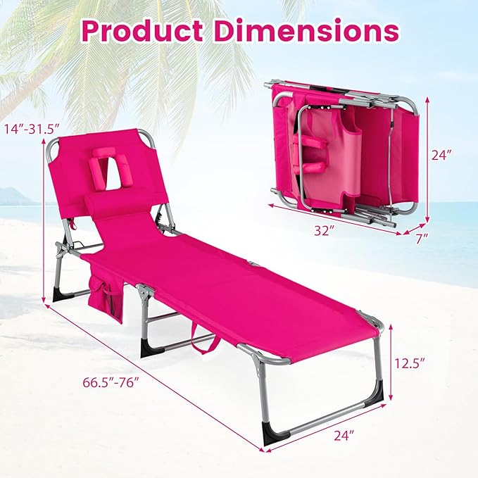 COSTWAY Tanning Chair with Face Hole, Folding Beach Lounge Chair | 4-Position Adjustable Backrest, Pillow & Side Pocket, Foldable Chaise Lounge Chair (1, Pink)