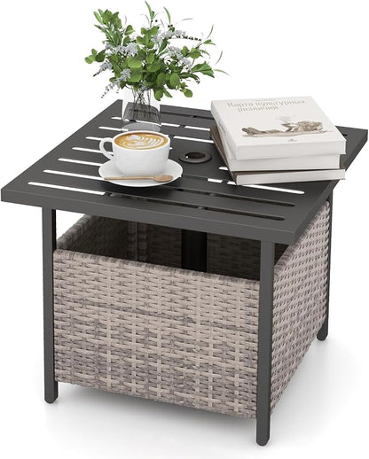 Giantex Outdoor Side Table with Umbrella Hole, 22" Wicker Umbrella Table with Stand and Base, Weather-Resistant PE Rattan Patio End Table for Deck Garden Poolside (Metal Tabletop, Light Gray)