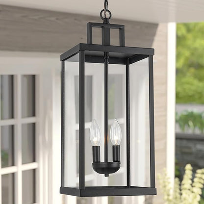 21'' Outdoor Pendant Lantern, 2-Light Modern Black Exterior Chandelier with Clear Glass, Hanging Porch Light for Patio, Yard, Foyer